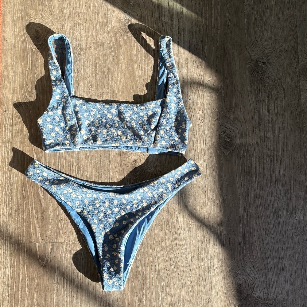 Thrills Light Blue Floral Ribbed Bikini Set